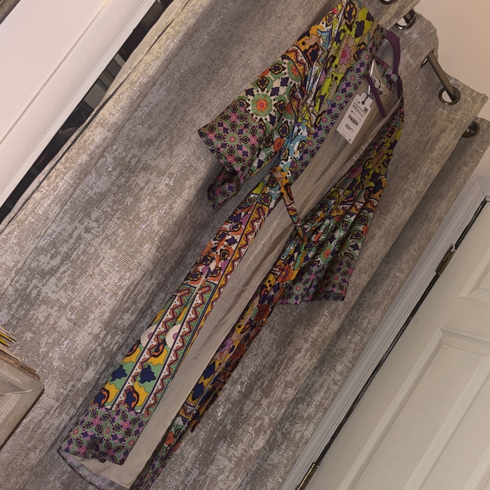 Zara Multicolor Floral & Geometric Print Long Kimono